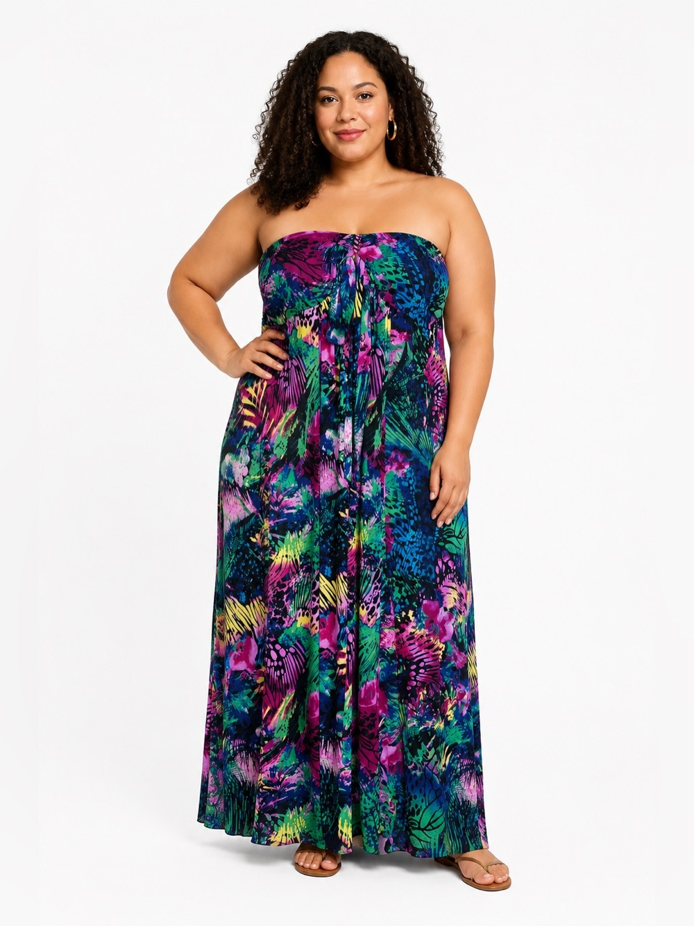 Addition Elle Strapless Tropical Print Maxi Dress Colorful Floral Size 3X